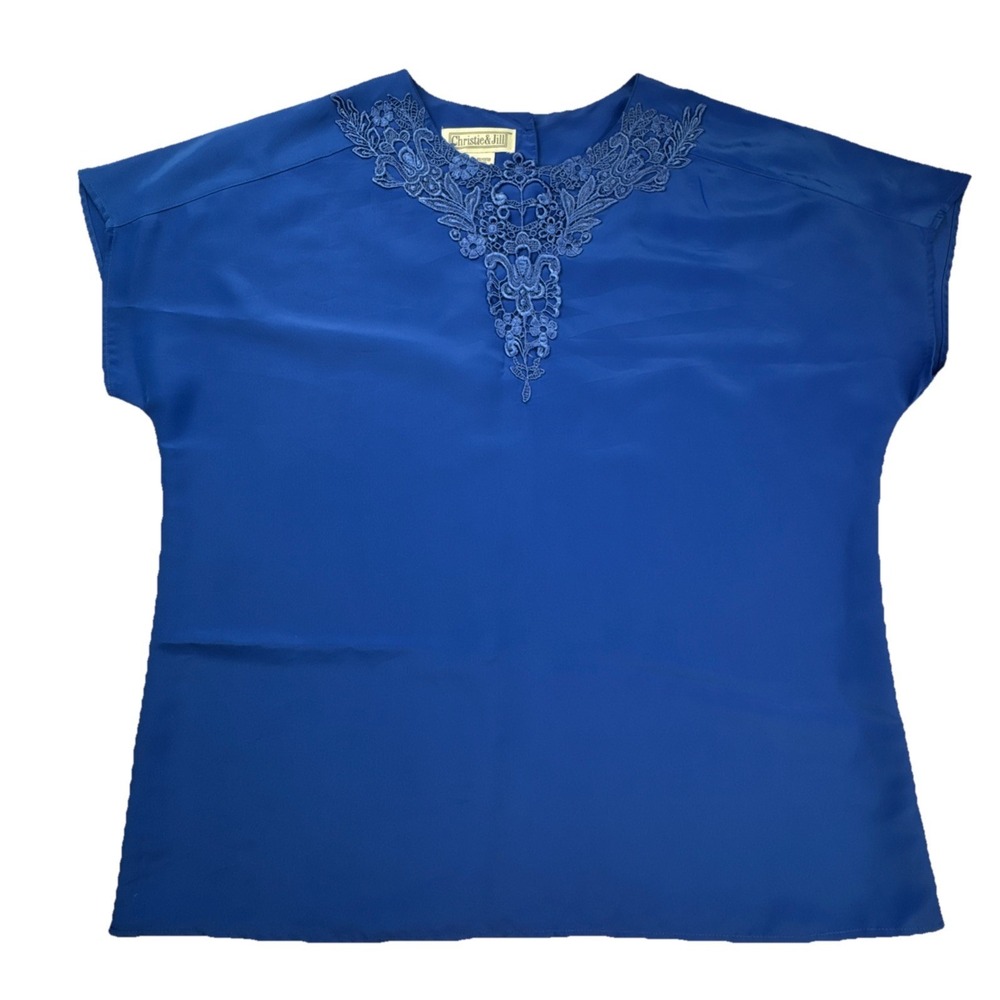 Christie & Jill‎ Blouse Lace Neckline Cap Sleeve Keyhole Back 14M Royal Blue Top